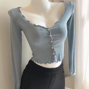 Ribbed Button-Front Cropped Top in Dusty Blue